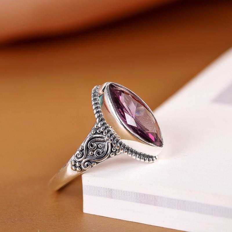 Adjustable Open Ring Women Men Vintage Copper With Purple Zircon Faceted Gemstone Heart Rhombus Design