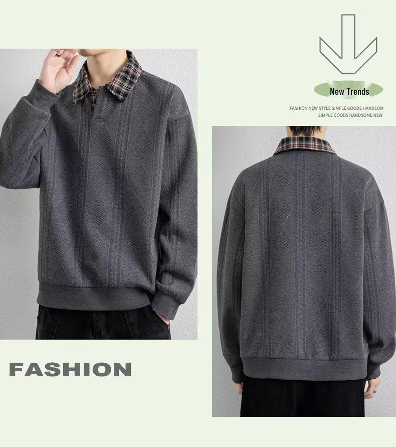 Men's Trendy Textured Hooded Sweatshirt and Jacquard Lapel Polo Shirt - Youth Casual Spring/Autumn Style