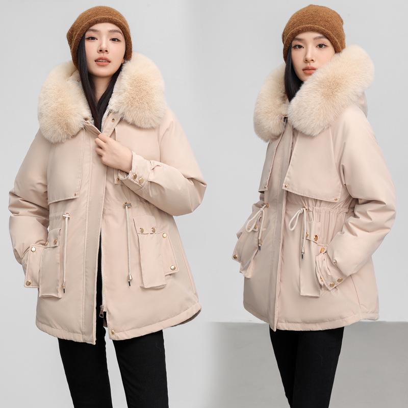 Women's Korean Style Loose Fit Winter Down Cotton Coat with Waist-Cinching and Thickened Velvet Lining