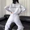 Women Winter 2 Piece Suit Half High Collar Zip Up Long Sleeve Top Elastic Waist Wide Leg Pocket Trousers