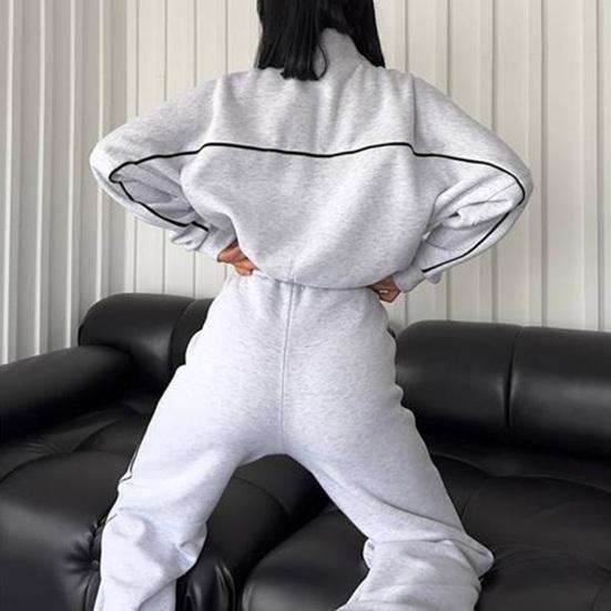 Women Winter 2 Piece Suit Half High Collar Zip Up Long Sleeve Top Elastic Waist Wide Leg Pocket Trousers