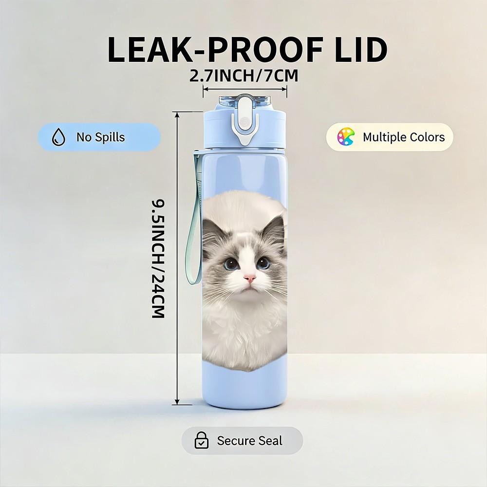 1PC Fluffy Ragdoll Cat 750ml Color Plastic Sports Water Bottle Leakproof Flip Straw Lid Suitable for Sports Office Home Use
