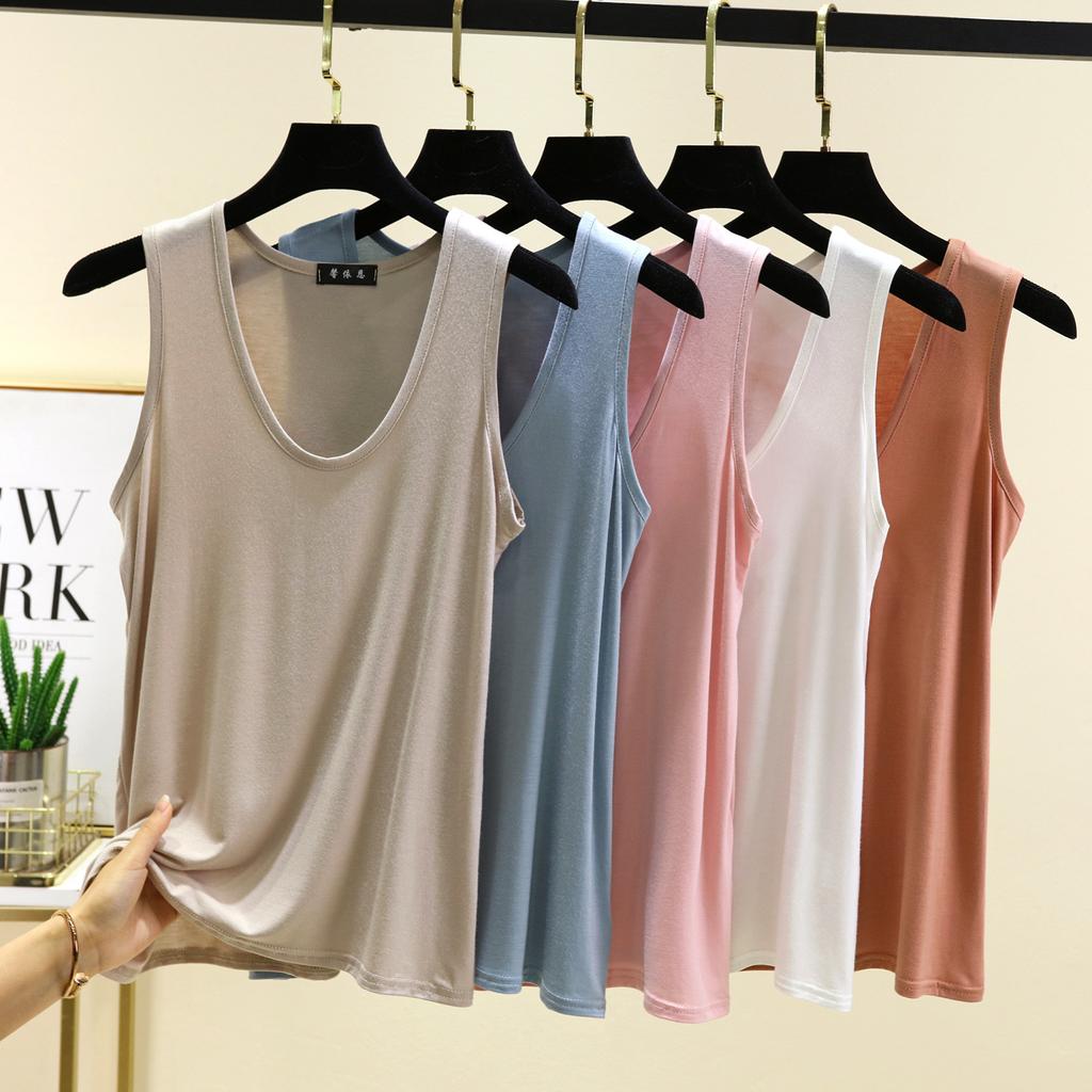 Oval neck elastic loose vest summer modal fashion versatile large size bottoming shirt hem arc women's top