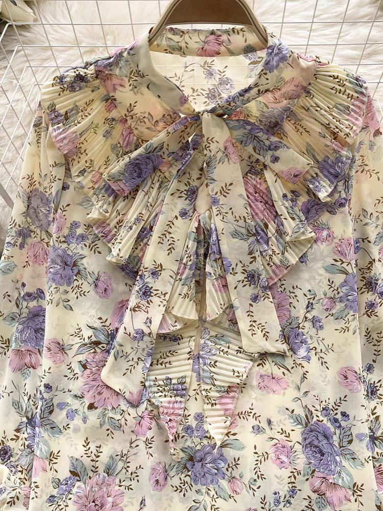 Damen Frühlingsbluse Elegantes Hemd mit Schleifenkragen Patchwork Plissierter Rüschenrand Slim Fit Oberteile Französischer Stil Puffärmel Lässige Bluse