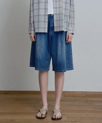 MIND BRIDGE WOMEN [W] Single-Pleat Bermuda Dark Blue Denim Shorts