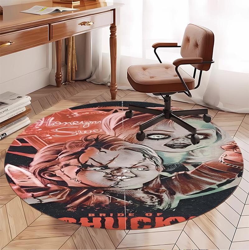 Bride of Chucky Pattern Round Rug, Indoor/Outdoor Mat, for Picnic, Gameroom, Bedroom, Office, Living Room, Home Decor Carpet, Birthday Gift