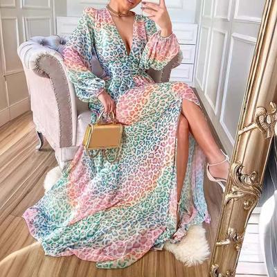 Summer Women's Deep V Lantern Sleeve Leopard Printed Casual Long Dresses