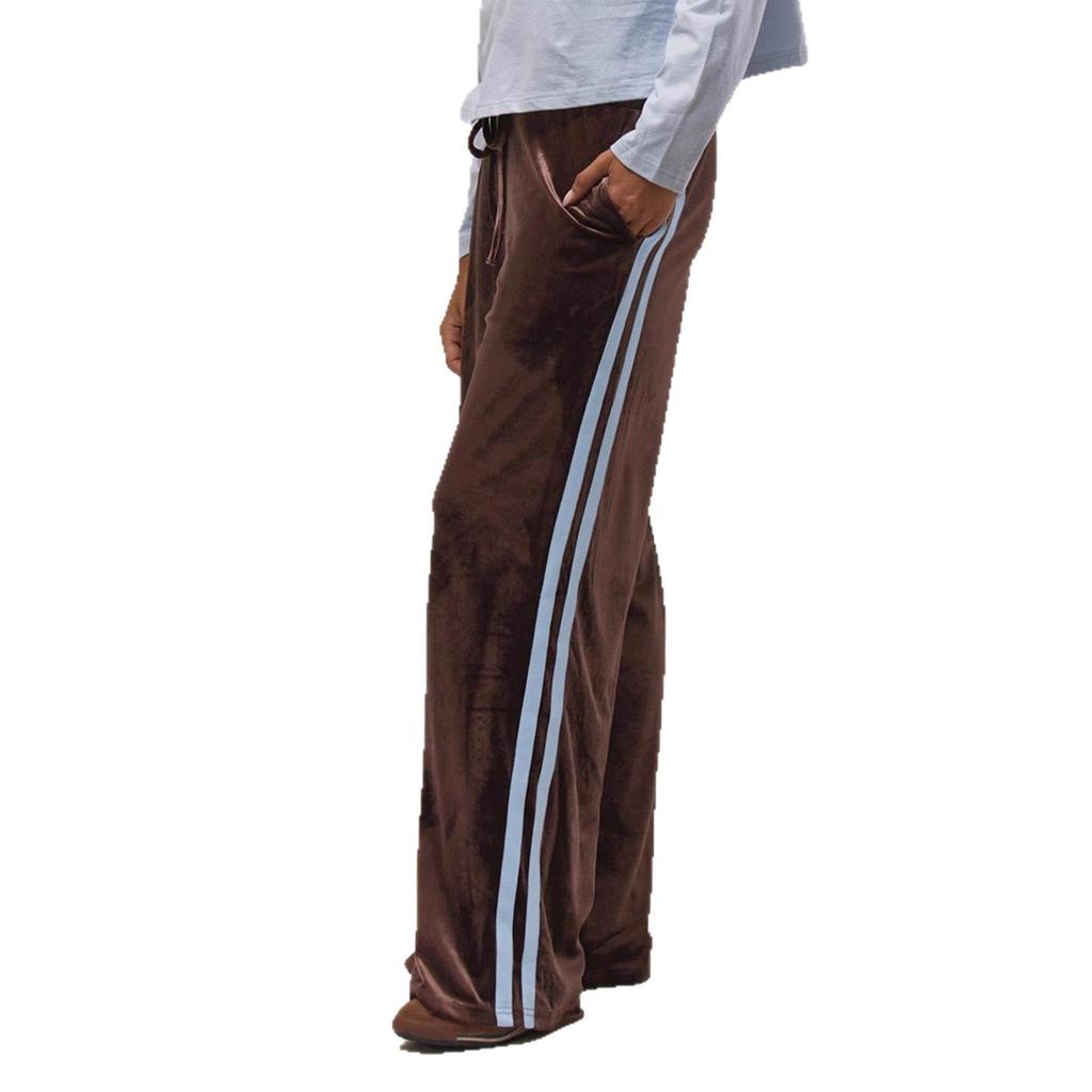 Damskie spodnie dresowe z szerokimi nogawkami, z aksamitnymi lampasami po bokach, koronkowym paskiem, elastyczną talią, do biegania, casualowe, domowe, damskie, kolor karmelowy