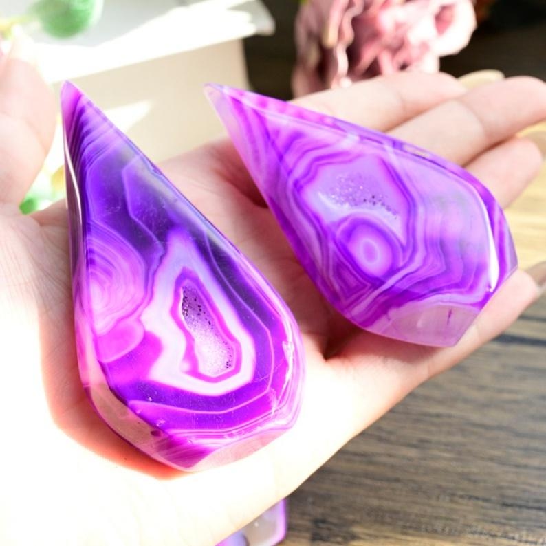 Dyed Purple Agate Teardrop Ornament, Polished Water Drop Agate Slice for Home Desktop Decoration 0-50g