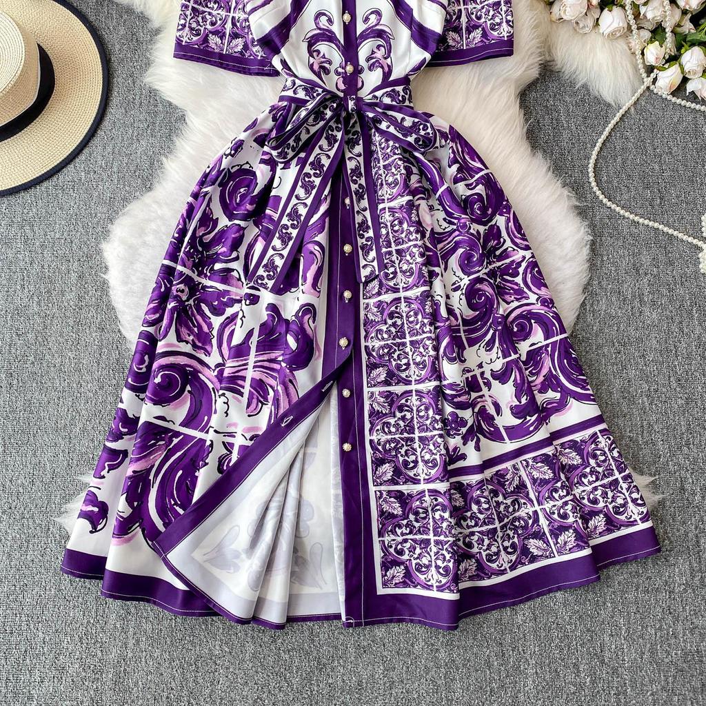 Vintage Red Baroque Print Shirt Dress Women Turn Down Neck Short Sleeve Button Front Belted High Waist Party Vacation Midi Dress
