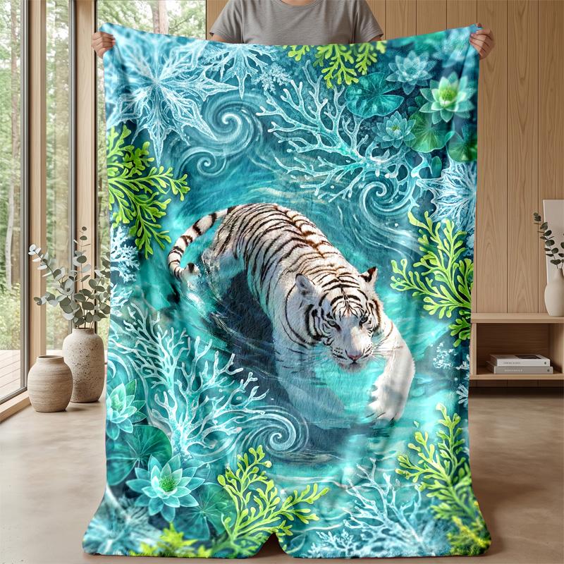 White Tiger in Flowers Theme blanket Lightweight Warm Flannel Blanket Decorative Throw Blanket for Home Decoration