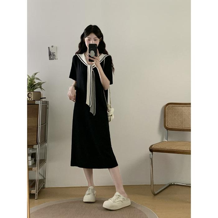 

French contrasting color navy collar short-sleeved T-shirt medium and long dress women s summer college style loose dress looking thin One size fits all чорний