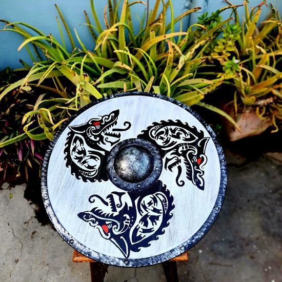 60.96 Cm Wooden Shield Dragon Print Medieval Viking Shield Replica Valhalla Shield Fenrir Gray Battle Worn Shield