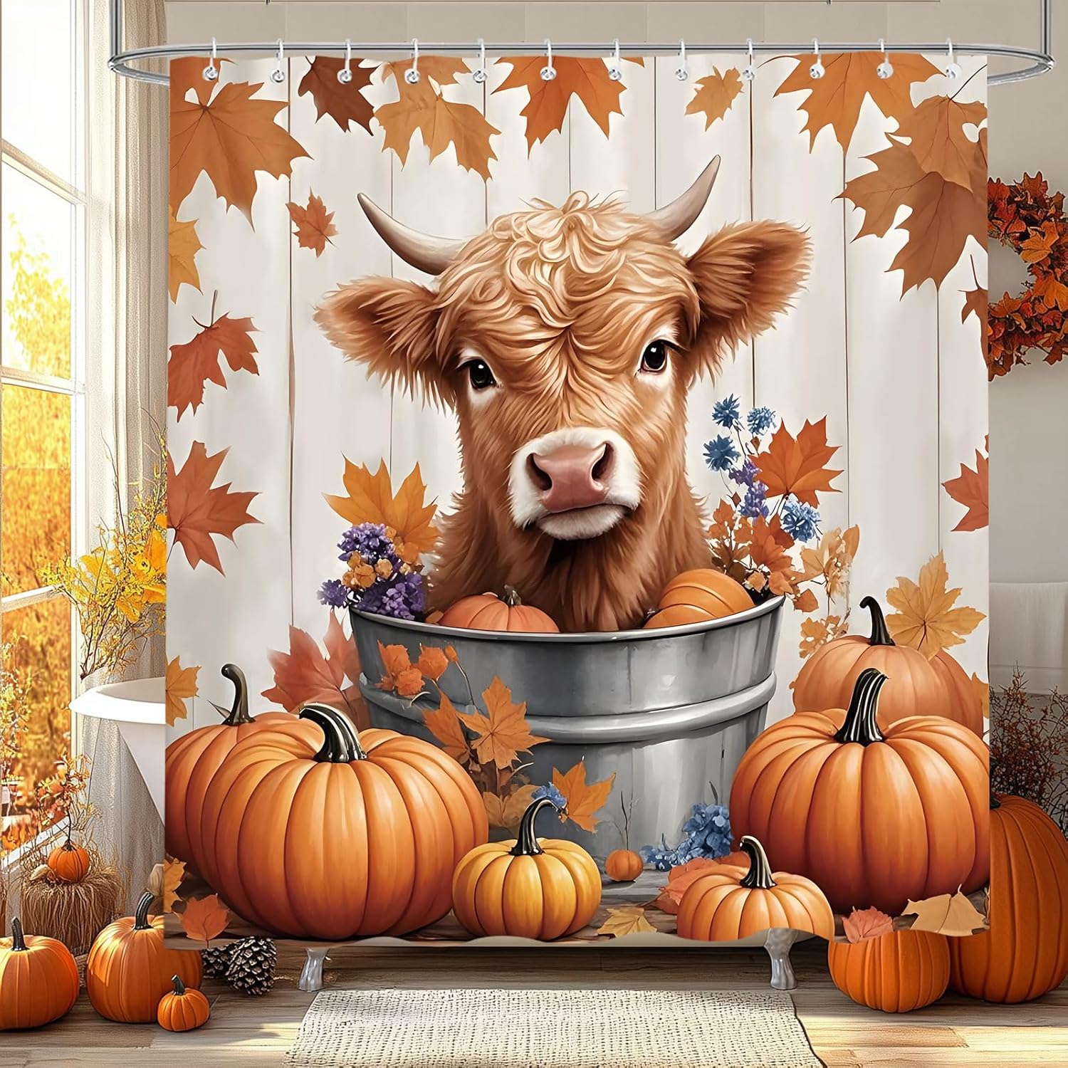 

Fall Pumpkin Shower Curtain, Autumn Thanksgiving Wooden Cross Design Bath Curtains for Bathroom, Watercolor Floral Decor 90x180CM