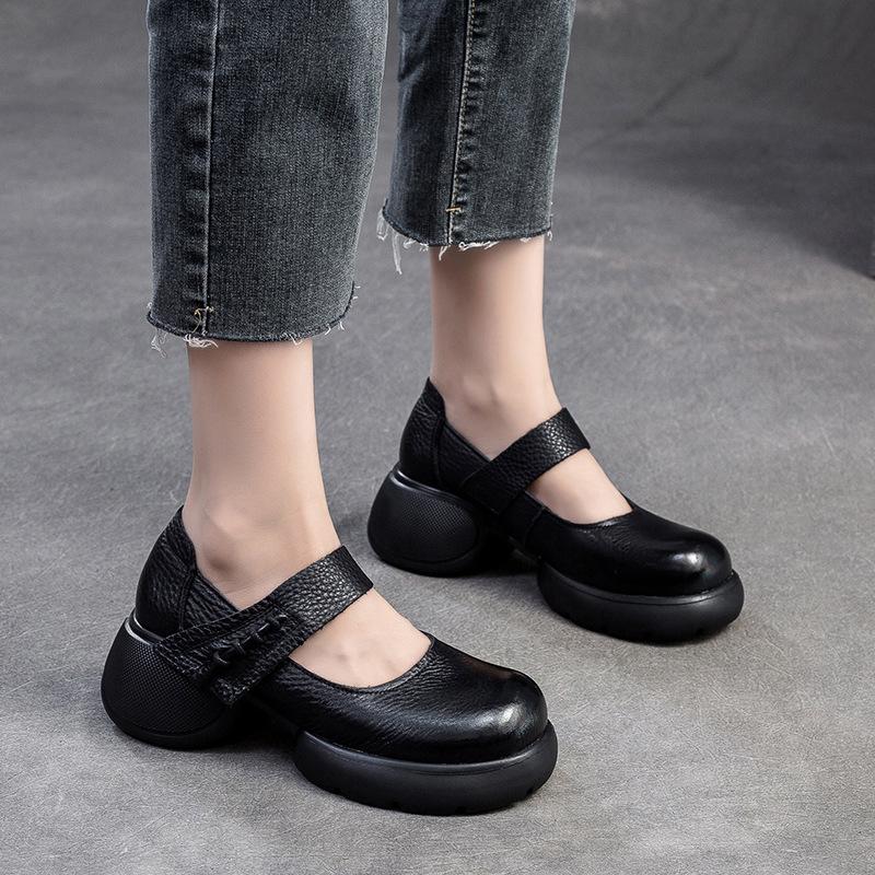 Fashion GKTINOO Retro Thick Soled Comfortable Pumps 2025 Autumn New Genuine Leather Round Toe Hook & Loop Women's Shoes