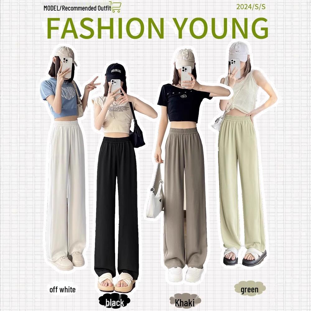 Pantaloni negri de vară cu talie înaltă și picior larg pentru femei - Lungime până la podea, croială lejeră, material drapat