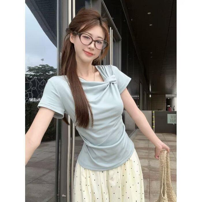 

Новый корейский стиль, летняя женская футболка с коротким рукавом, облегающая и милая, для девушек, большого размера, с рукавом до локтя, боди-кальмар XL