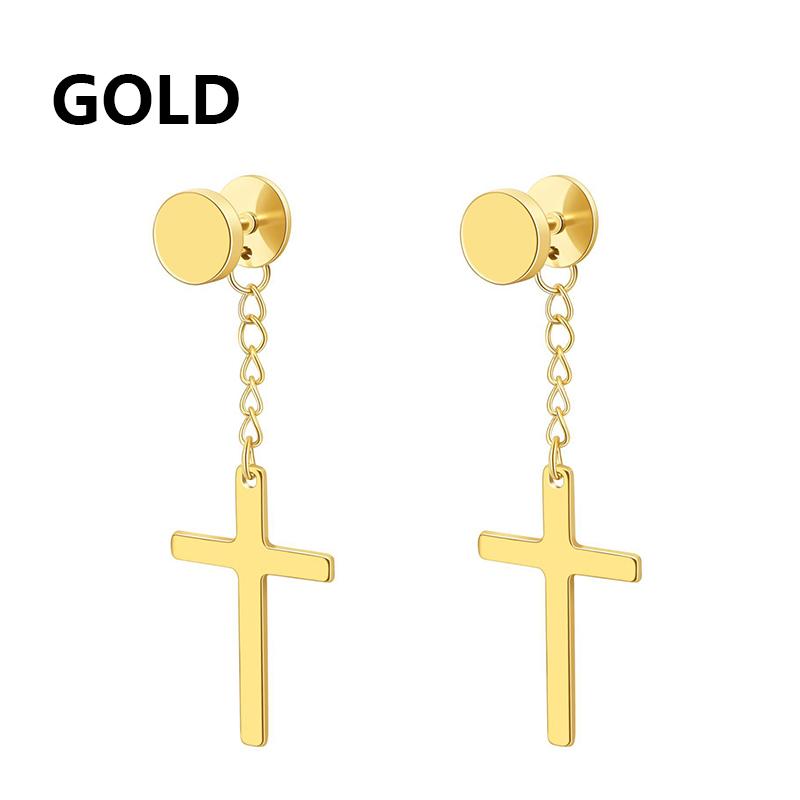 2PC Men Punk Cross Stars Dangle Earrings Women Gothic Stainless Steel Cross Ear Stud Earrings Piercing Huggies Pendant Zircon