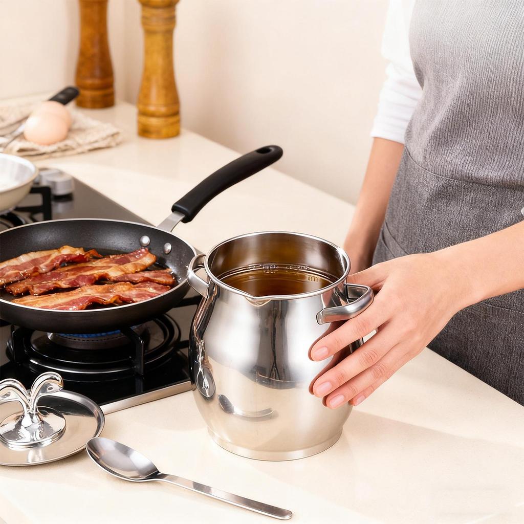 Stainless Steel Kitchen Bacon Grease Collector With Strainer Fat Storage Tank Kitchen Bacon Oil Collection Jar Bacon Oil Can