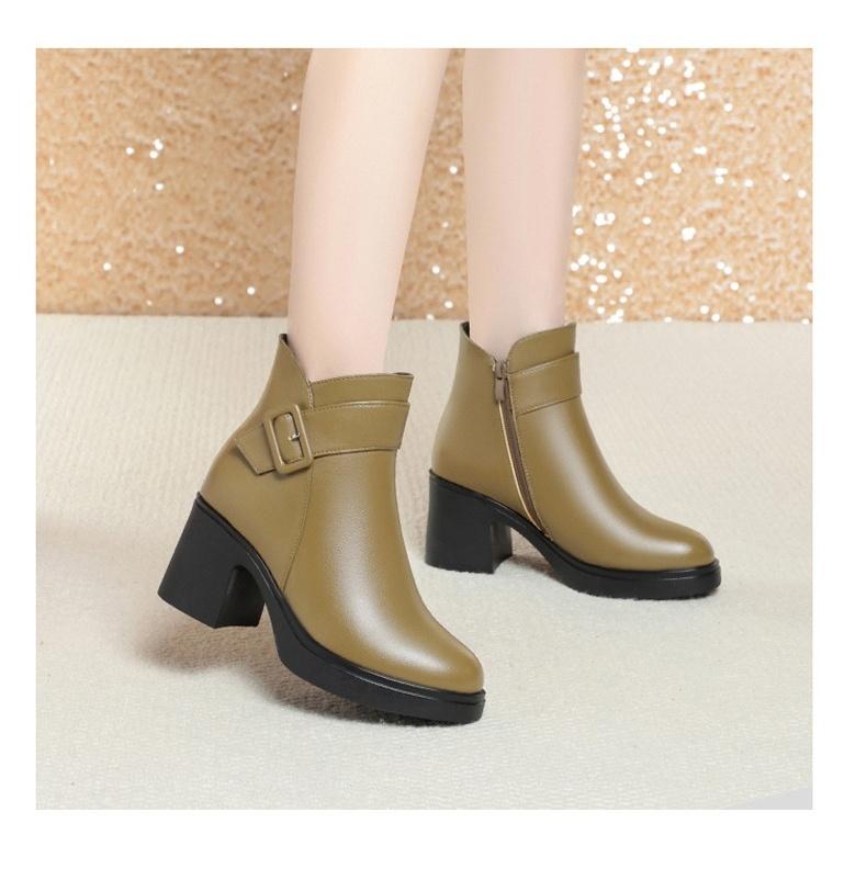 

7 см Модные Элегантные Туфли на Высоком Блочном Каблуке Меховые Ботинки Зима 2025 Средний Блочный Каблук Ботинки из Натуральной Кожи Шерстяные Ботильоны 39