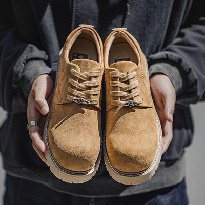 MRA 2025 Men's Brown Derby Shoes - Autumn Low-Top, Thick-Soled, Yellow, Height-Boosting Workwear Leather Boots