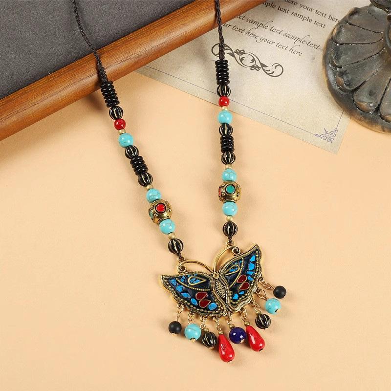 Original Design Nepalese Butterfly Necklace Vintage Clavicle Chain Exotic Style Tassel Frontier Tibetan Headdress