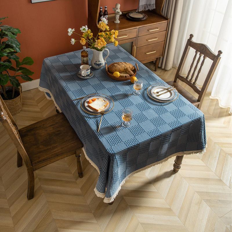 Geometric Tablecloth Line Plaid Polyester Jacquard Fringed Rectangular Dining Table Coffee Table Tablecloth Cover Towel 60x60