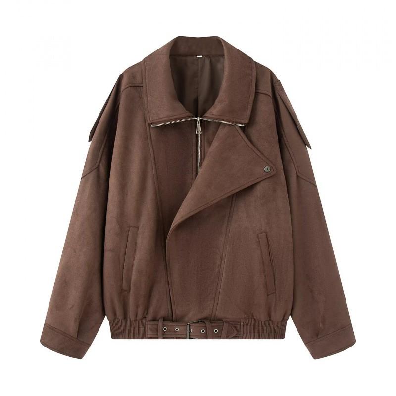 Womens Oversized Faux Suede Jacket 2025 Streetwear Long Sleeve Zip-Up Coat In Brown Shades
