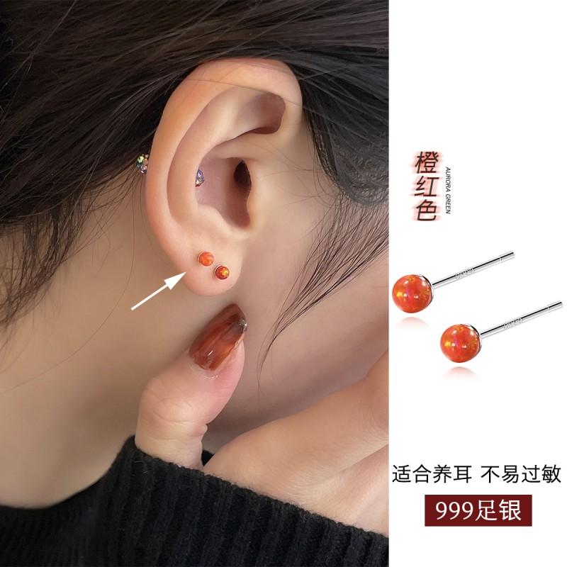 Geometric Opal Stud Earrings Women Sterling Hypoallergenic Ear Bone Piercing Jewelry Minimalist INS Style
