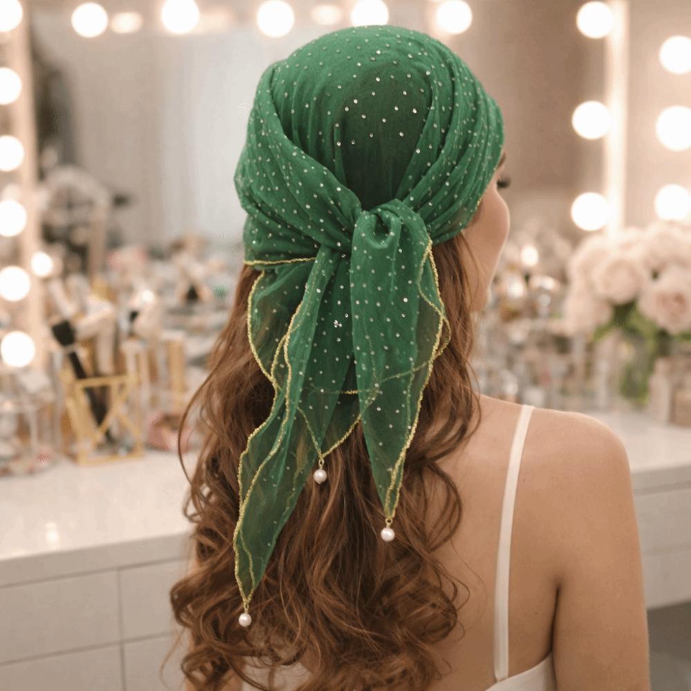 Pearl Tassel Rhinestone Square Scarf Lace Trim Solid Color Full Sky Star Headwrap Breathable Fabric Hair Wrap