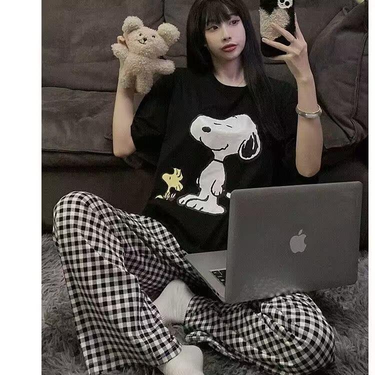 Dopamin Karomuster Weitbeinige Damen Hose - Frühling/Herbst, Hohe Taille, Gerades Bein, Lässig