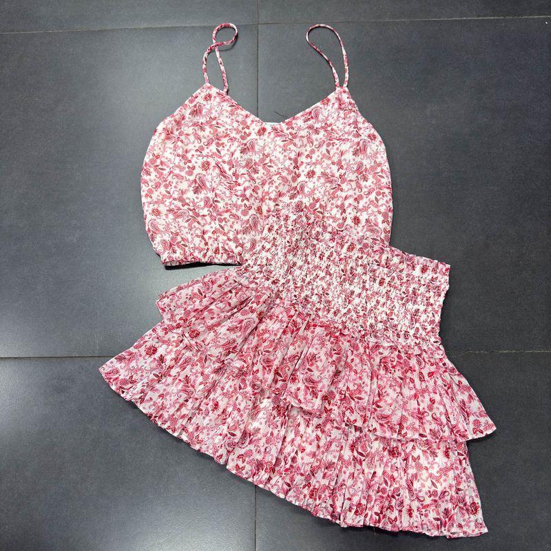 

Экспорт Сброс Домой Розовый Костюм с Рюшами Новое Поступление Весна Розовый Perris Шифоновый Топ на Бретелях + Плиссированная Юбка Pink Suit M