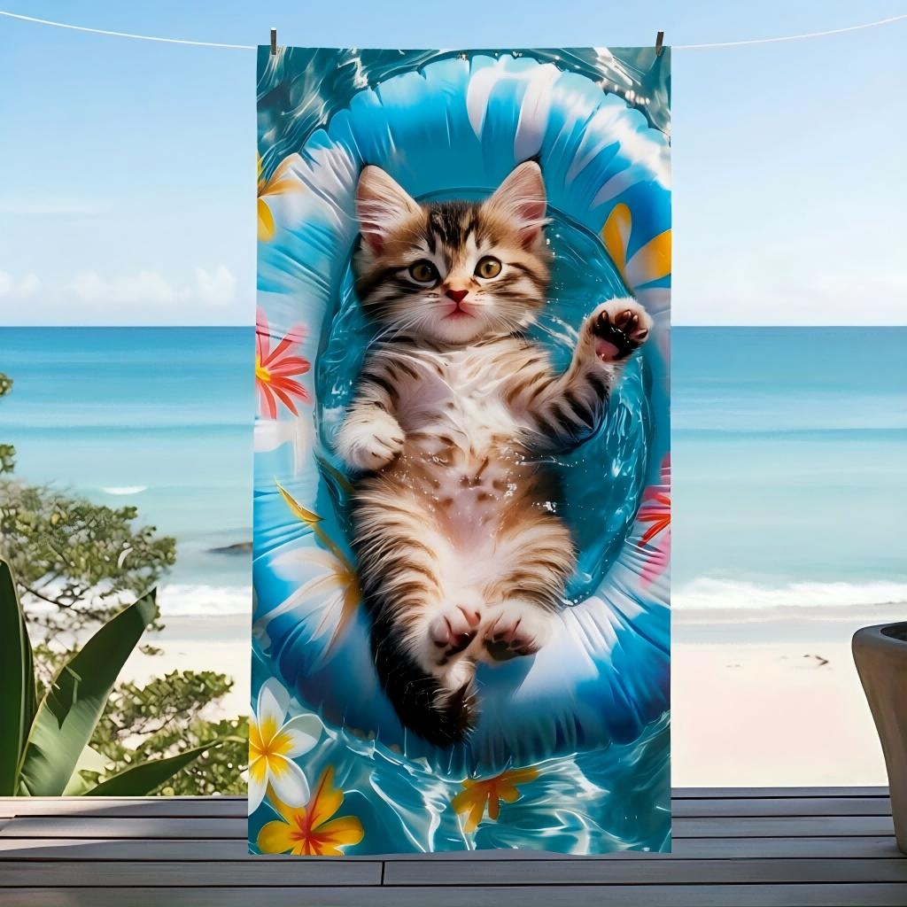 1Pc Cute Tabby Kitten Swim Ring Print Beach Towel Soft Bath Towel Summer Pool Travel Daily Towel Ideal Gift