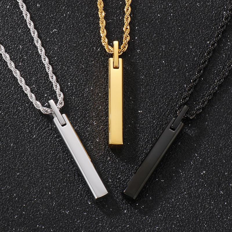 Vertical Bar Pendant Necklace Stainless Steel Engraved Geometric Charm Jewelry