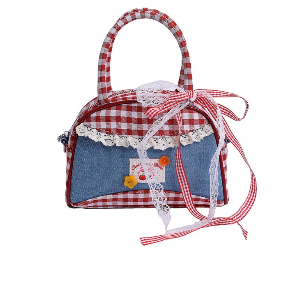 

Прекрасная джинсовая клетчатая сумка, повседневная милая сумка кроссбоди, портативная клетчатая сумка-боулинг, для улицы красный