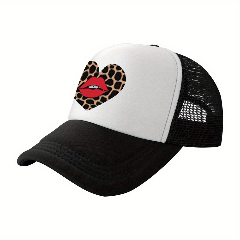 Giraffe Print Lips Heart Mesh Trucker Hat Breathable Adjustable Baseball Cap Casual Headwear