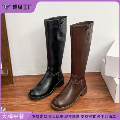 Washed Horse Leather~ Genuine Leather Thick-soled But Knee Boots Women's Retro British Style Brown Boots Tall Knight Boots