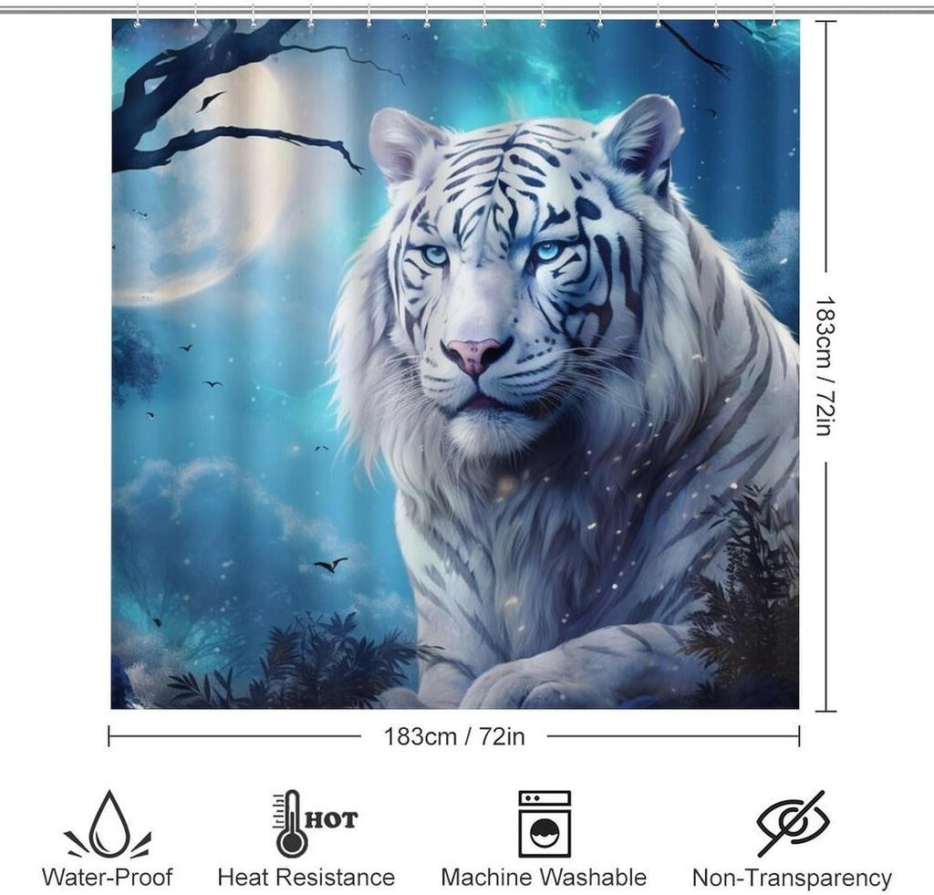 Moon White Tiger Shower Curtain Sets With Rugs Toilet Lid Cover And Bath Mat Fantasy Wild Animals Forest Shower Curtains With 12