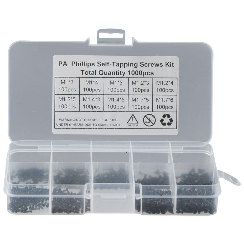1000Pcs Black Small Screws Assortment Kit Carbon Steel Phillips Pan Head Screws  Glasses