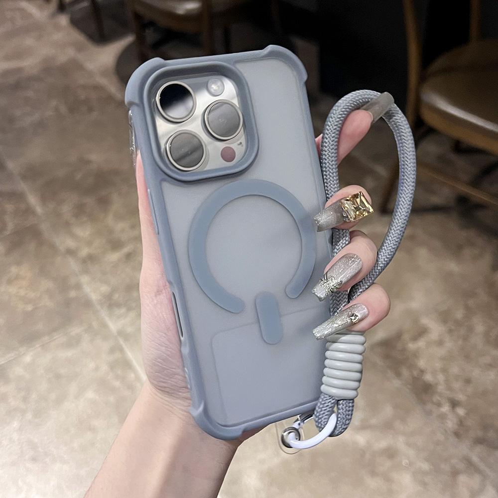 Matte Shockproof Armor For Magsafe Wireless Charge Case for iPhone 16 16E 15 14 Plus 13 12 11 Pro Max Clear Wrist Strap Cover