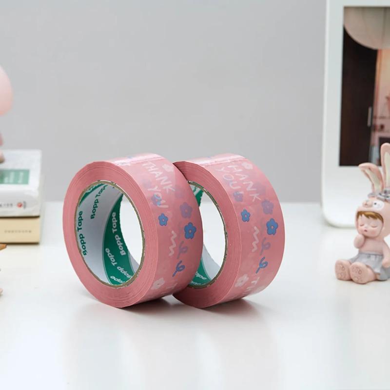 1Roll 4.5cm*100m Pink Flower Thank You Tape, Thank You Thanks Cartoon Sealing Adhesive Paper, Self-adhesive Gift Bag Carton Packing Tape