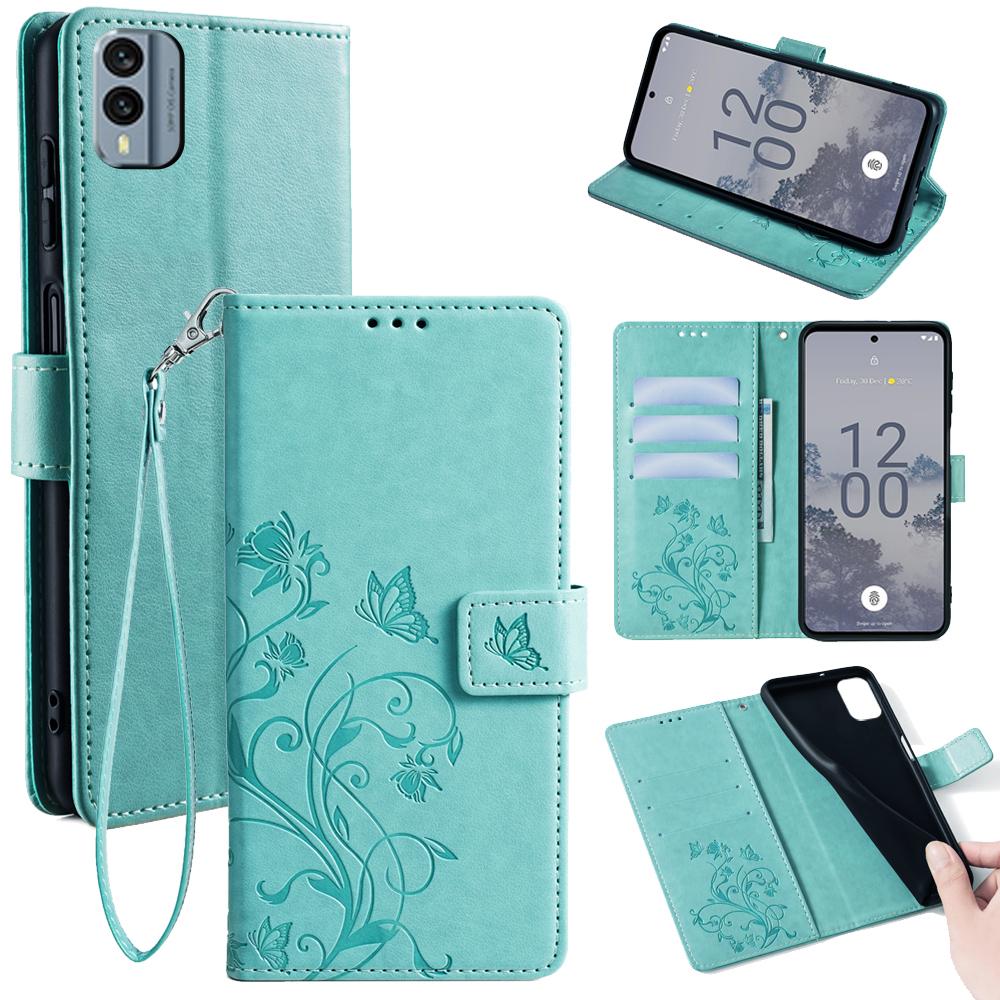 

For Nokia X30 5G Case with Hand Strap Wallet Flip PU Leather Butterfly Flower Phone Cover Green