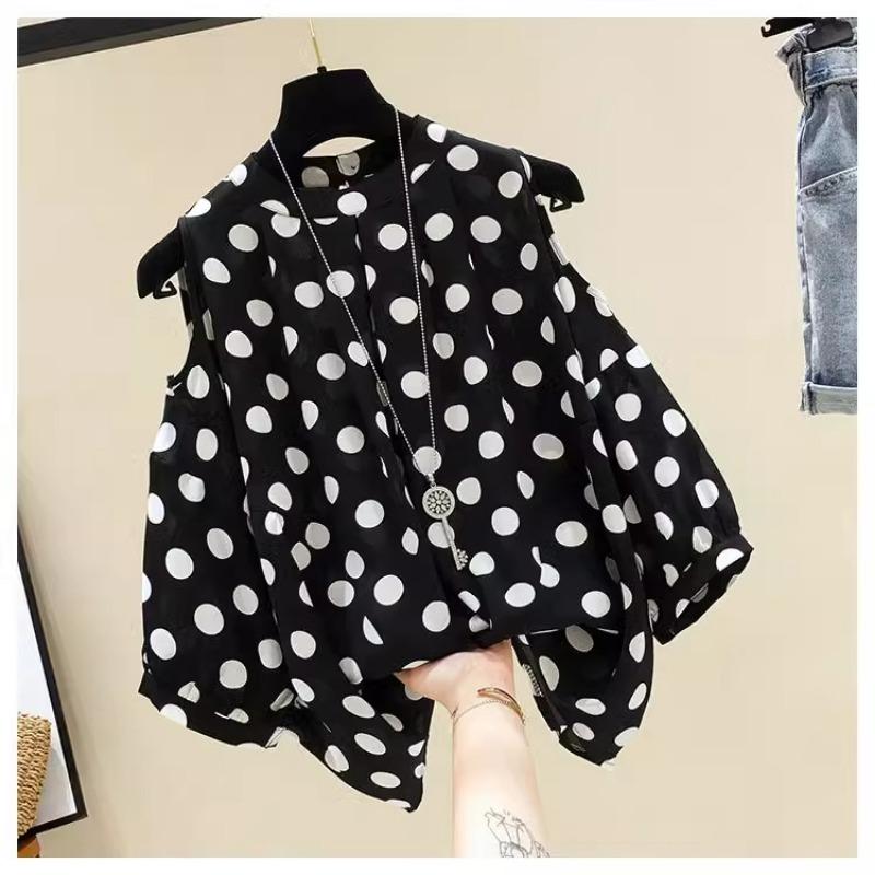 Women's New Summer Loose Top Polka-dot Off-shoulder Short-sleeved Chiffon Shirt