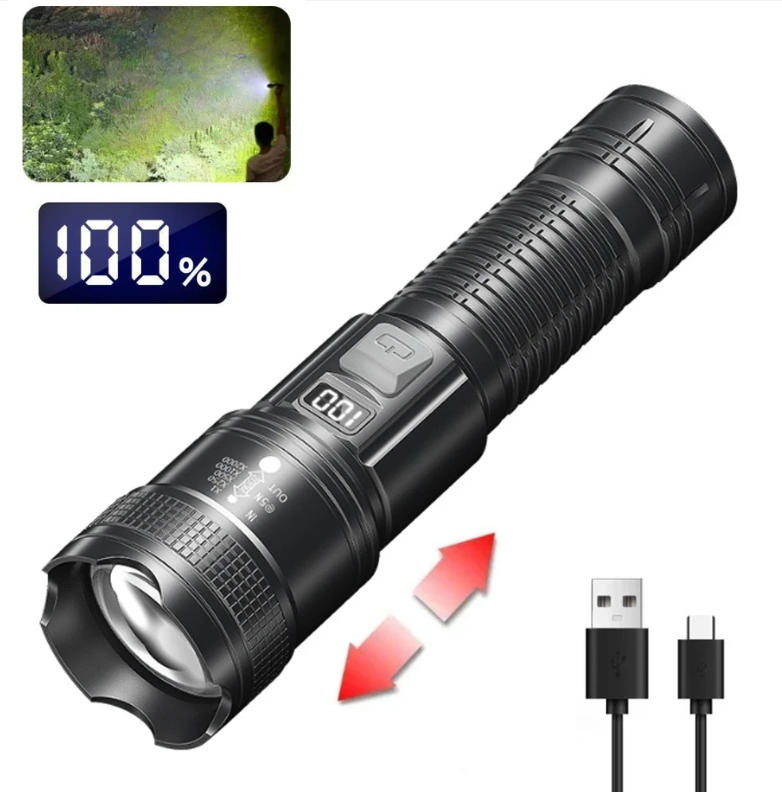 2000000LM Ultra-High Power Flashlight Digital Electronic Display Waterproof Torch Zoom Hand Light Outdoor Camping Lantern