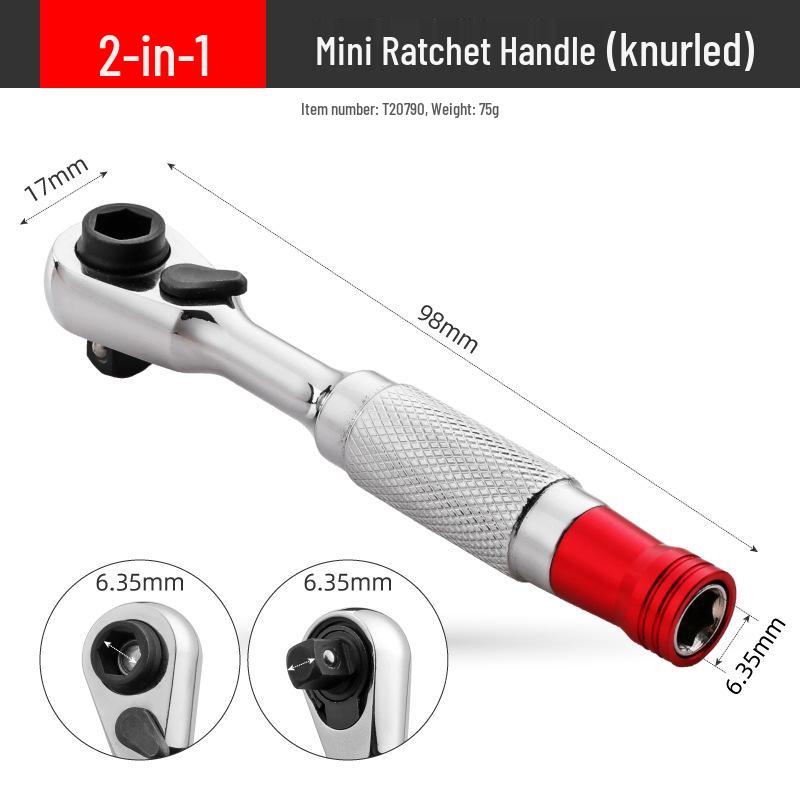 Dual-Ended High Torque Mini Ratchet Screwdriver with Knurled Grip.