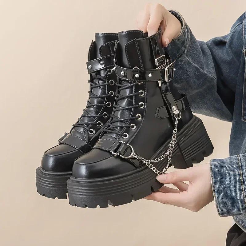 Fashion New Women's Biker Boots Patent Leather Breathable Zipper Lolita Platform Boots Autumn New Retro Gothics Botines Chelsea