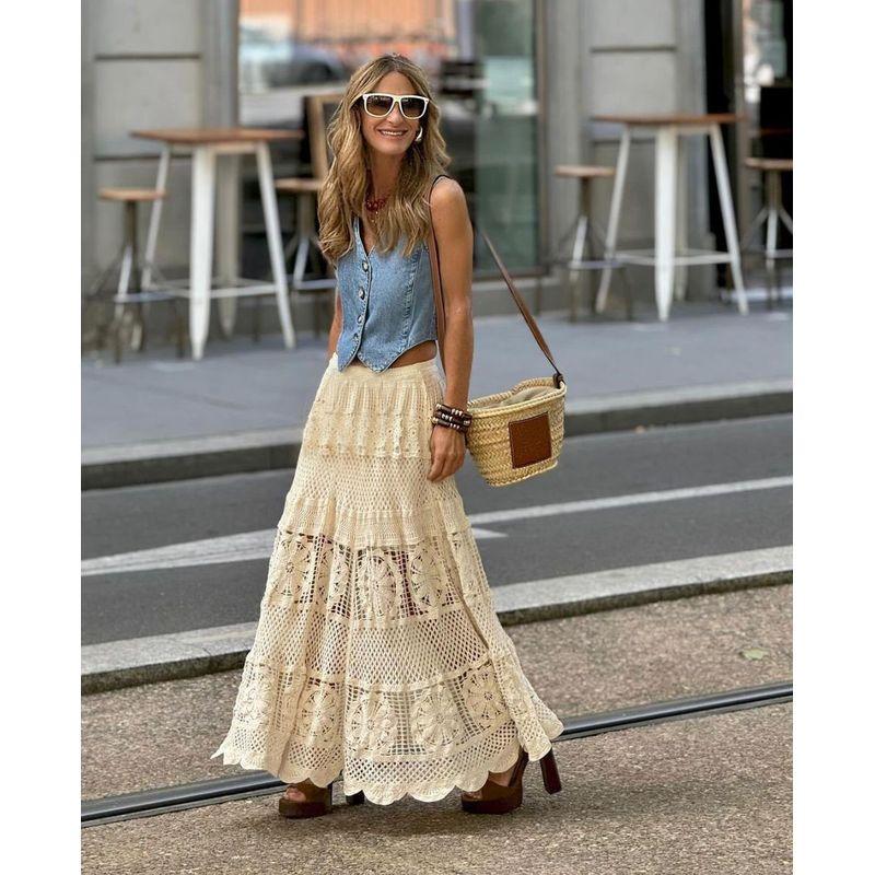 

Solid Color Elastic Waist Hollow Skirt Pure Color Elastic Waist Cut Out Skirt for Women Apricot color One size