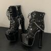 Silver Chain Design Chunky Heel Women's Ankle Boots Fashion Lace Up Platform Boots Patent Leather Side Zipper Designer Shoes