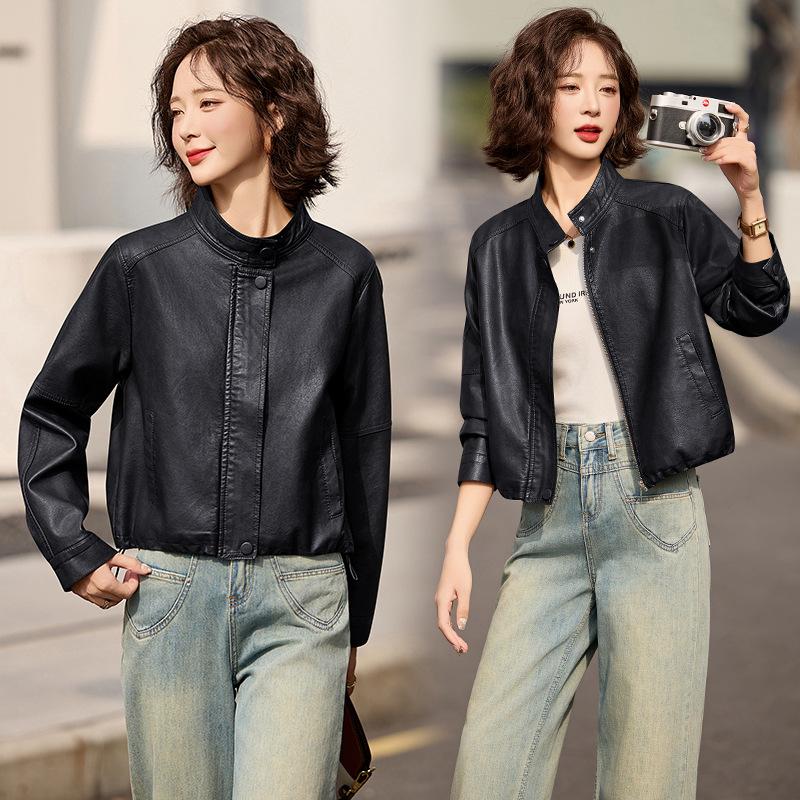 

Популярная маленькая ретро кожаная куртка женская год новый дизайн сенс черная куртка короткая 2XL чёрный