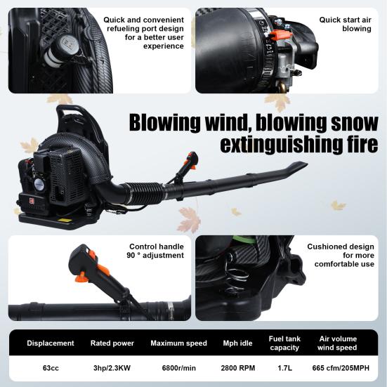 Leaf Blower, 63CC Gas Powered Backpack Blower, 2-Stroke Snow Blower for Lawn Care Yard Dust Debris (Black)